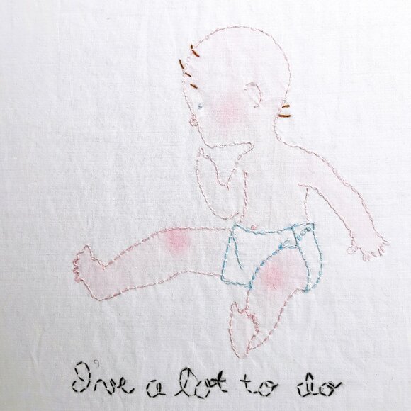 Handmade Embroidered Painting of Baby Titled "I've A Lot To Do" Art Work - Picture 2 of 5